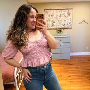 Staud Purple Smocked Sexy Sweetheart Crop Puff Sleeve Blouse Top 8